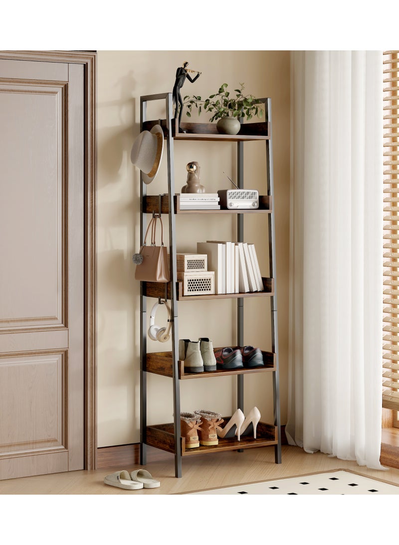 Ladder Bookshelf 5 Tier, Industrial Open Storage Shelf, Sturdy Metal Frame & Wood Look Display Rack for Books, Plants, Decor（SGG042-Black） - Image 3
